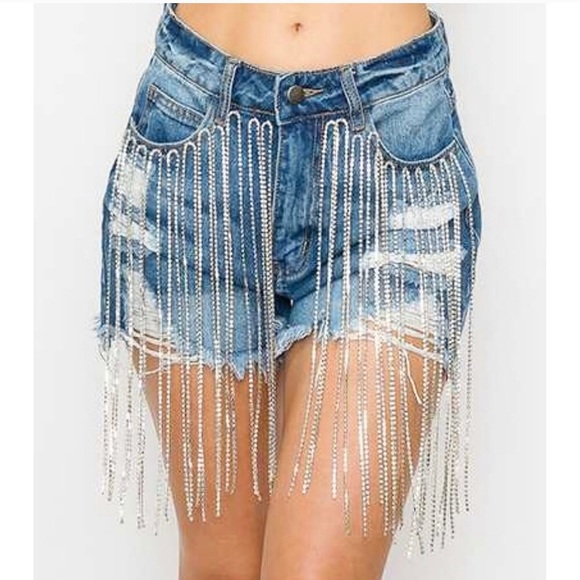 Pants - Distressed Jean Shorts with Cascading Rhinestones